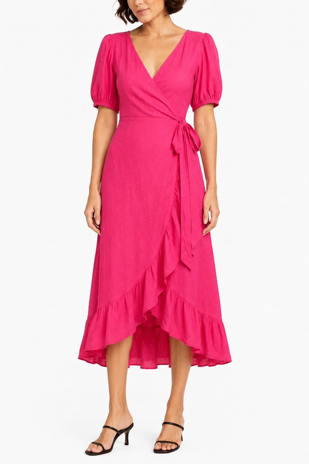 PINK Puff Sleeve Frilled Wrap Maxi Dress - Size 12